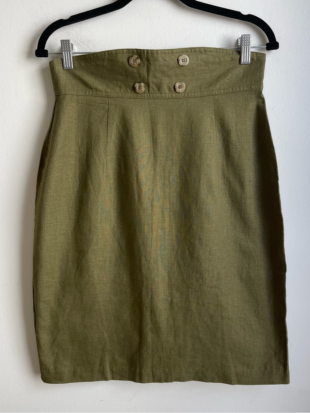 Vintage 1980s Contempo Casuals Linen Pencil Skirt High Waist Olive Green 13 30"